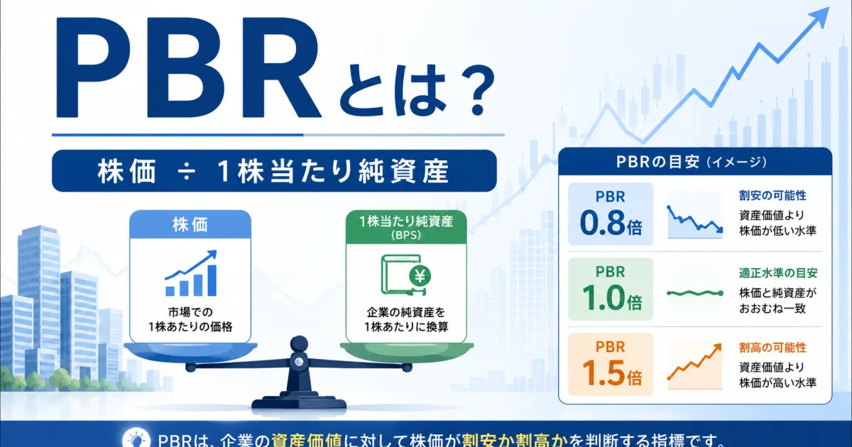 PBRが株価を1株当たり純資産で割って求められることと、0.8倍・1.0倍・1.5倍の目安を図解したアイキャッチ画像